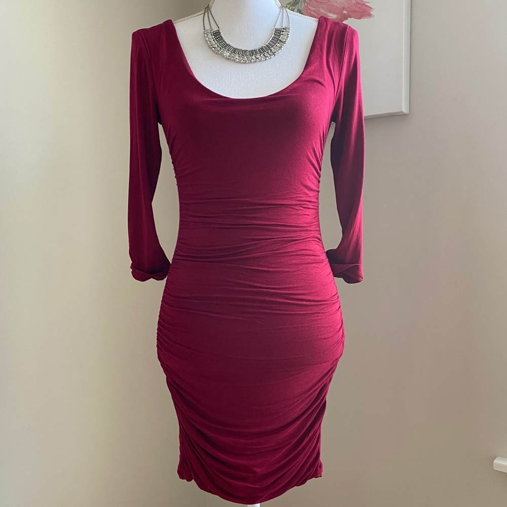 Deep Red Ruched 3/4 Sleeve Fitted Mini Dress